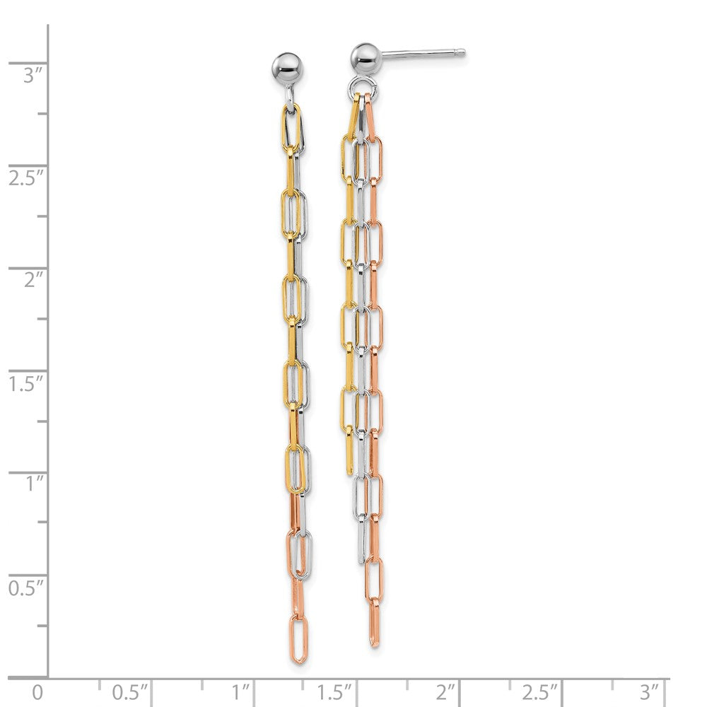 Sterling Silver RH-plate Rose & Yellow-tone Paperclip Link 3-strand Earri
