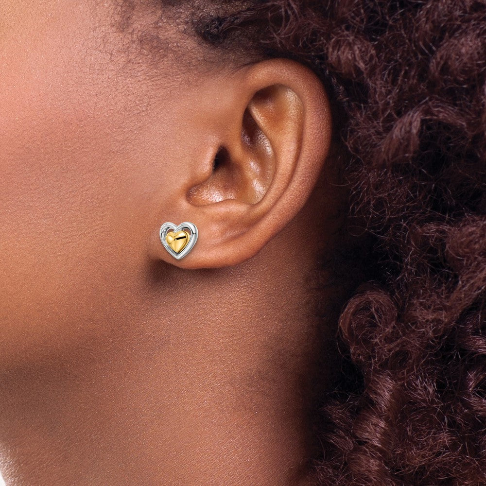 Sterling Silver RH-plated & Gold-plated Heart Post Earrings