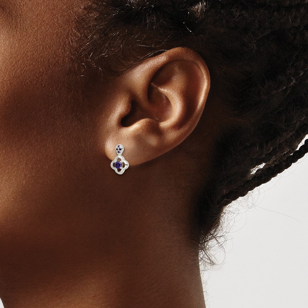 Sterling Silver Polished Purple CZ Flower Post Dangle Earrings