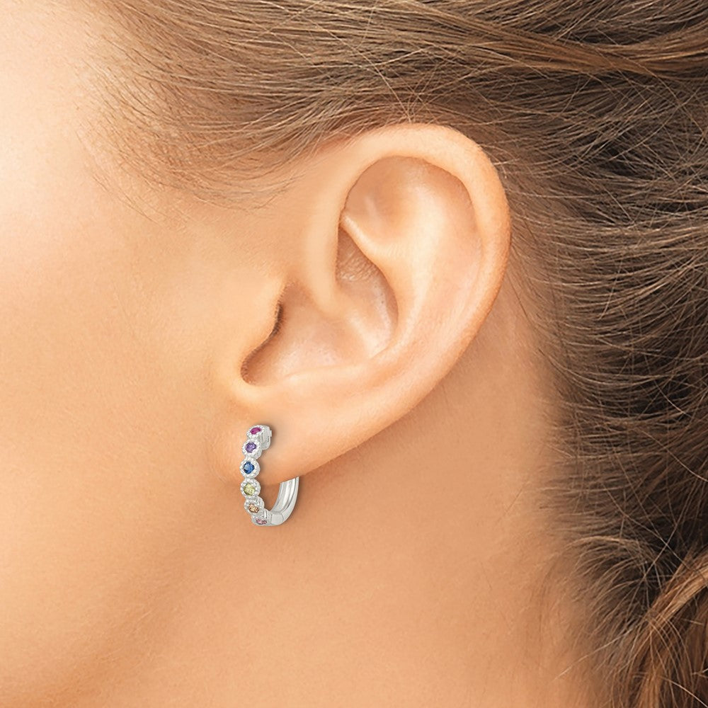 Sterling Silver Polished Multicolor CZ Round Hinged Hoop Earrings
