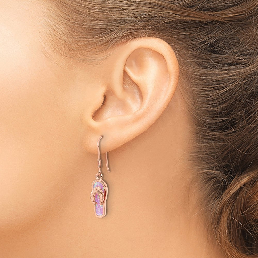 Sterling Silver Rose-tone Pink Created Opal Inlay Flip Flop Dangle Earrings