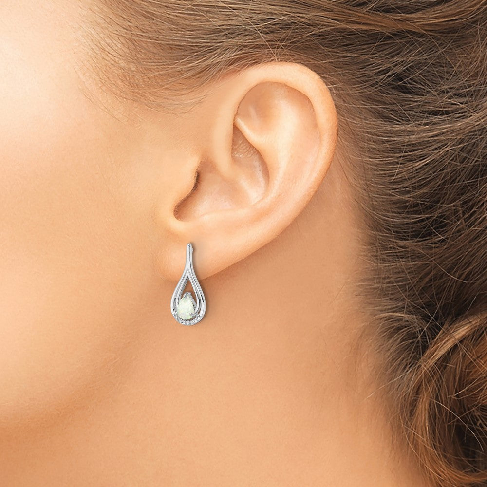 Sterling Silver RH-plated Pear Shape White Created Opal CZ Post Earrings