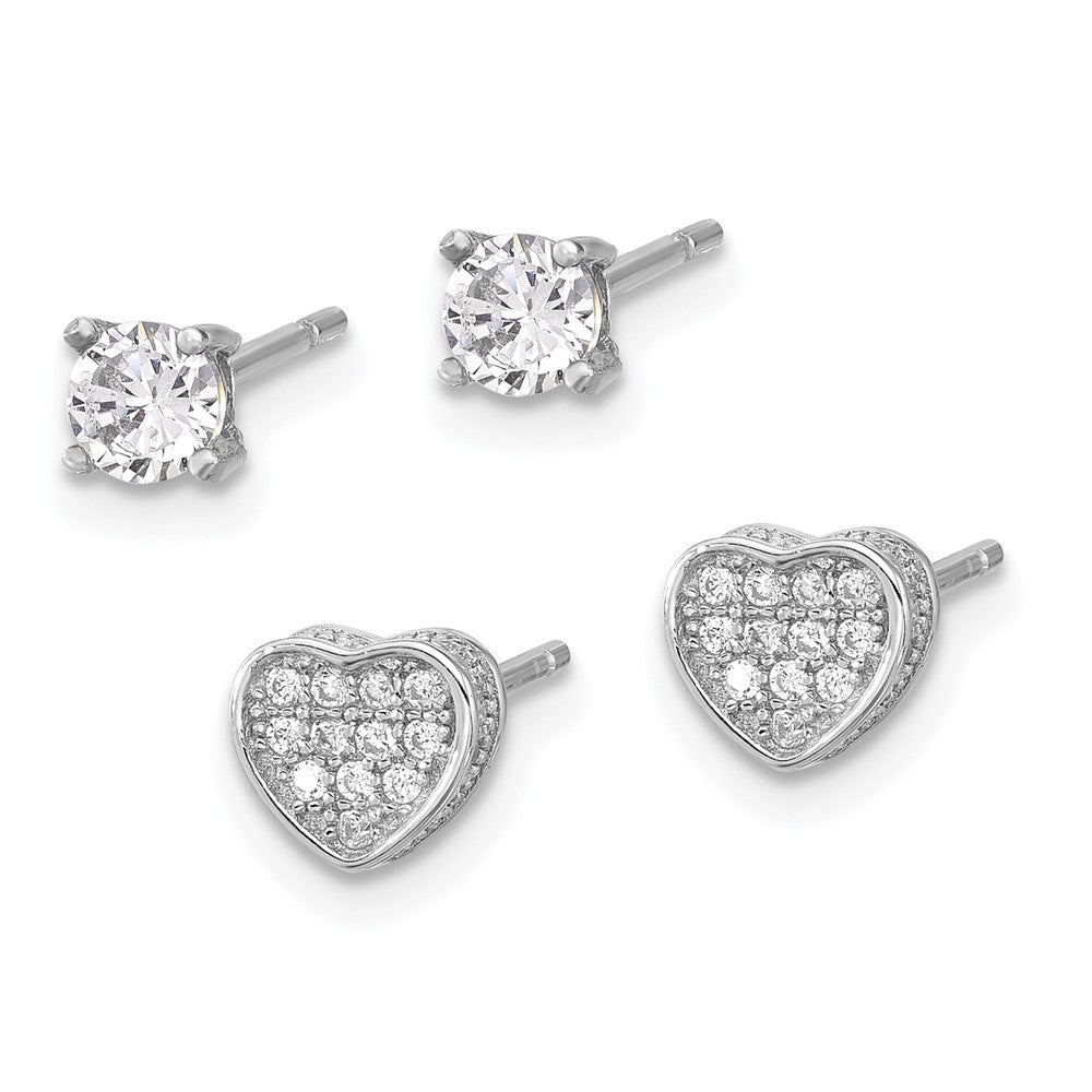 Sterling Silver RH-plated Pav CZ Heart/4mm CZ Stud Post Earrings Set