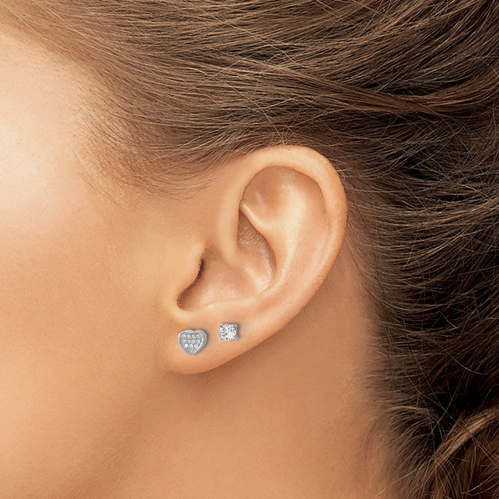Sterling Silver RH-plated Pav CZ Heart/4mm CZ Stud Post Earrings Set