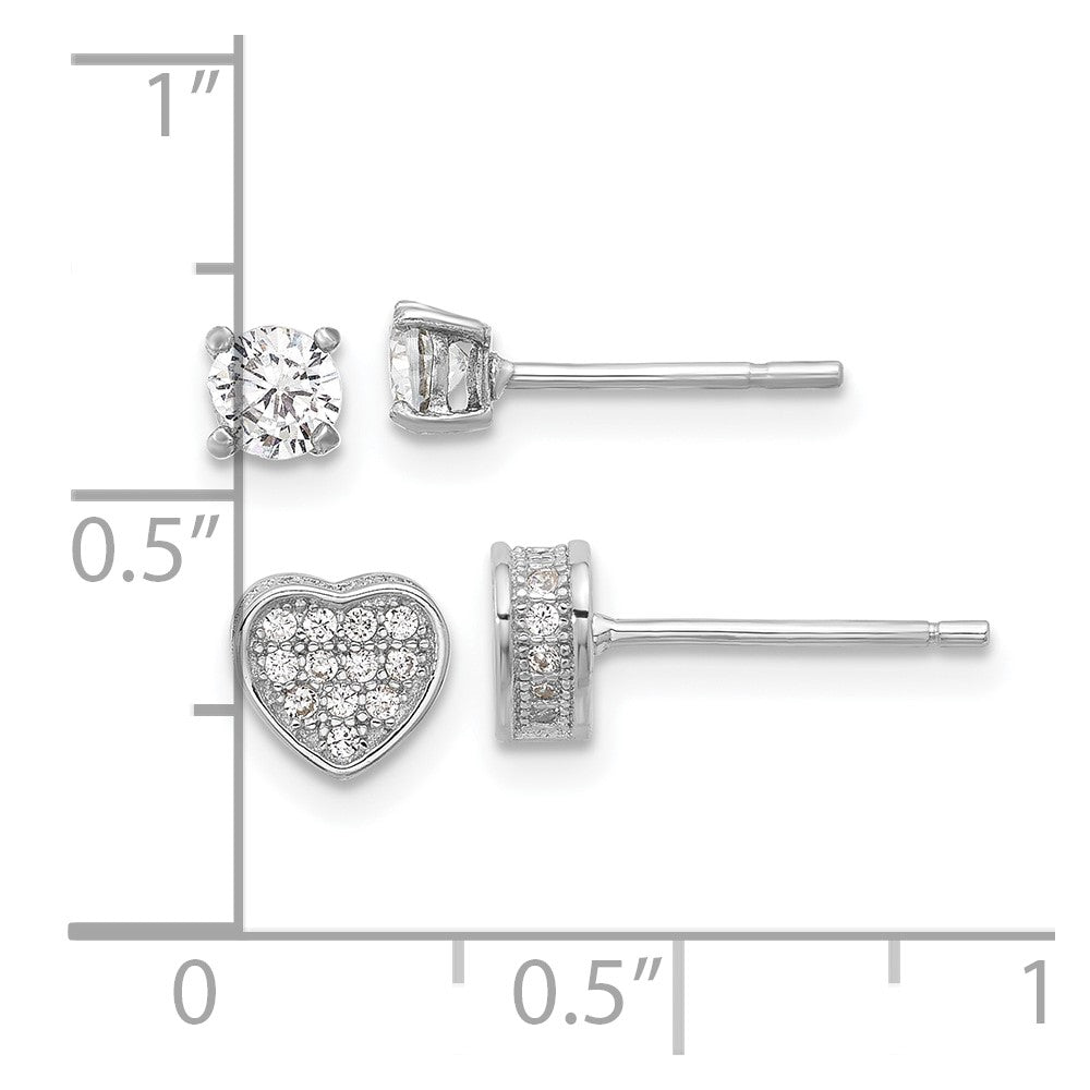 Sterling Silver RH-plated Pav CZ Heart/4mm CZ Stud Post Earrings Set