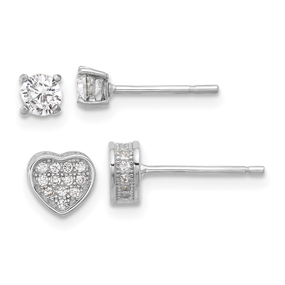 Sterling Silver RH-plated Pav CZ Heart/4mm CZ Stud Post Earrings Set