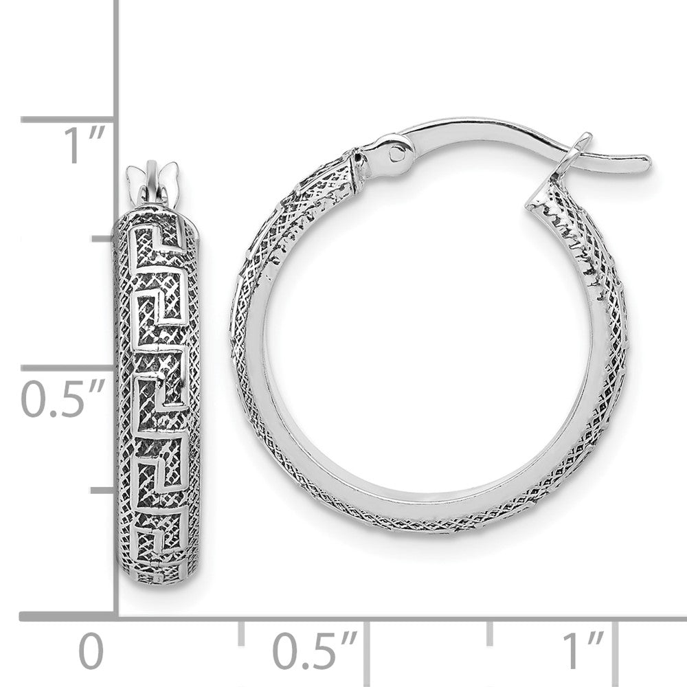 Sterling Silver Antiqued/Textured Greek Key SM Round Hoop Earrings