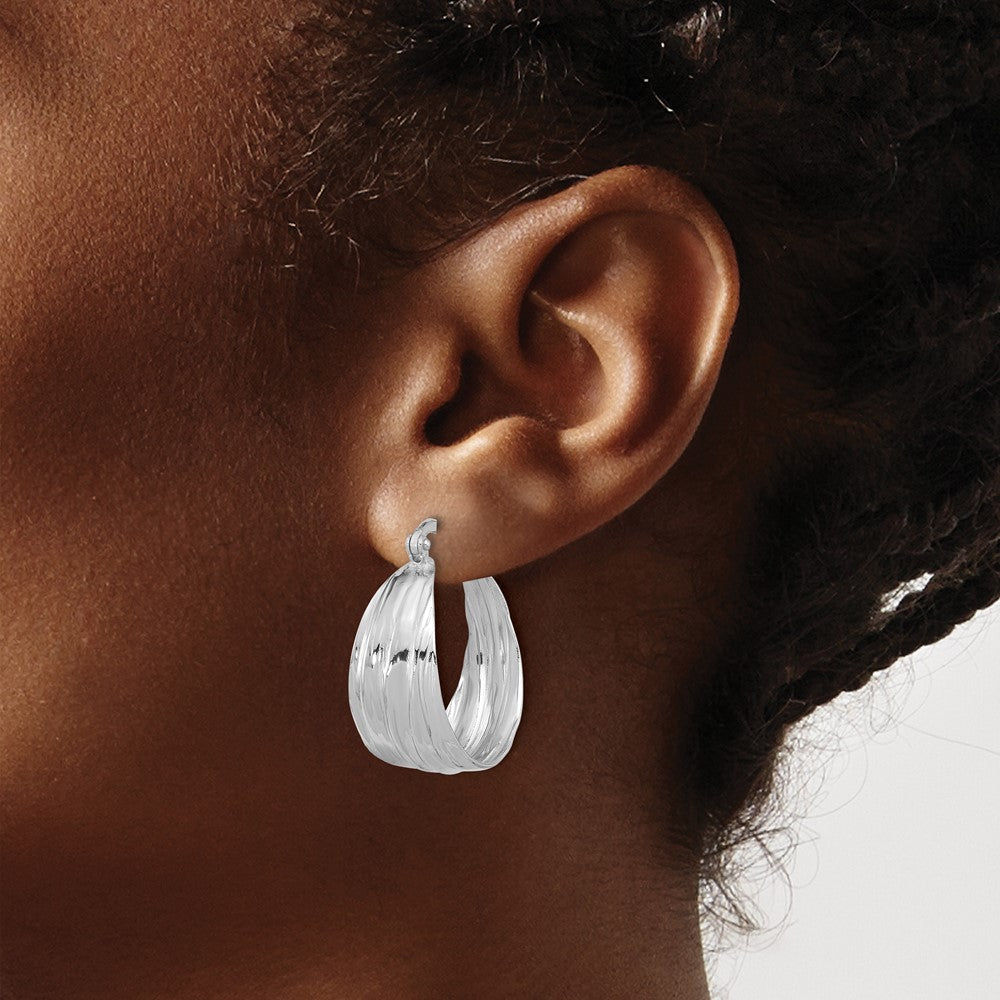 Sterling Silver RH-Plated Textured and Tapered SM Round Hoop Earrings