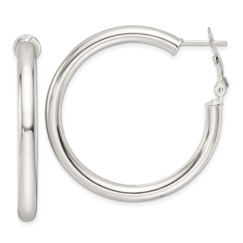 Sterling Silver Polished 40x4mm Omega Back Round Hoop Earrings