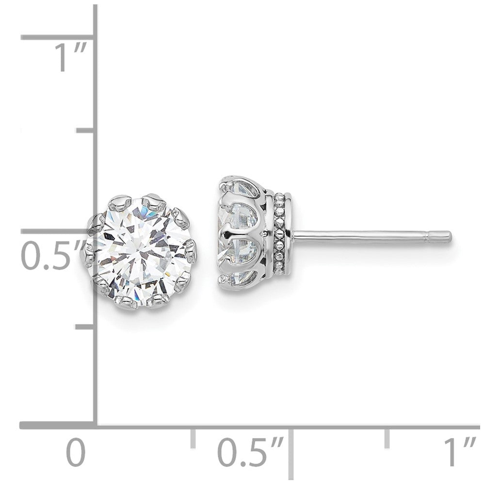 Sterling Silver Rhodium-plated 7mm CZ Crown Post Stud Earrings