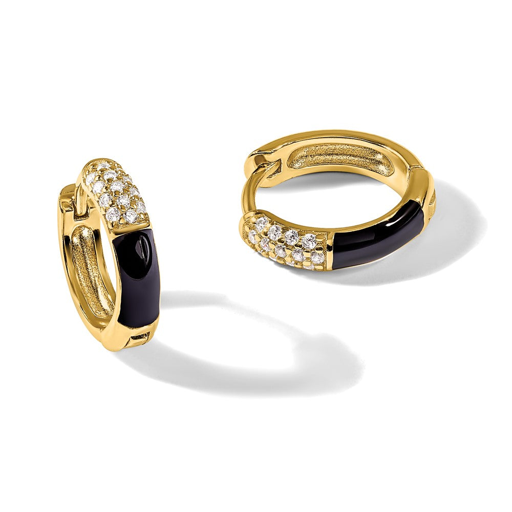 Sterling Silver Gold-tone Black Enamel CZ Hoop Earrings