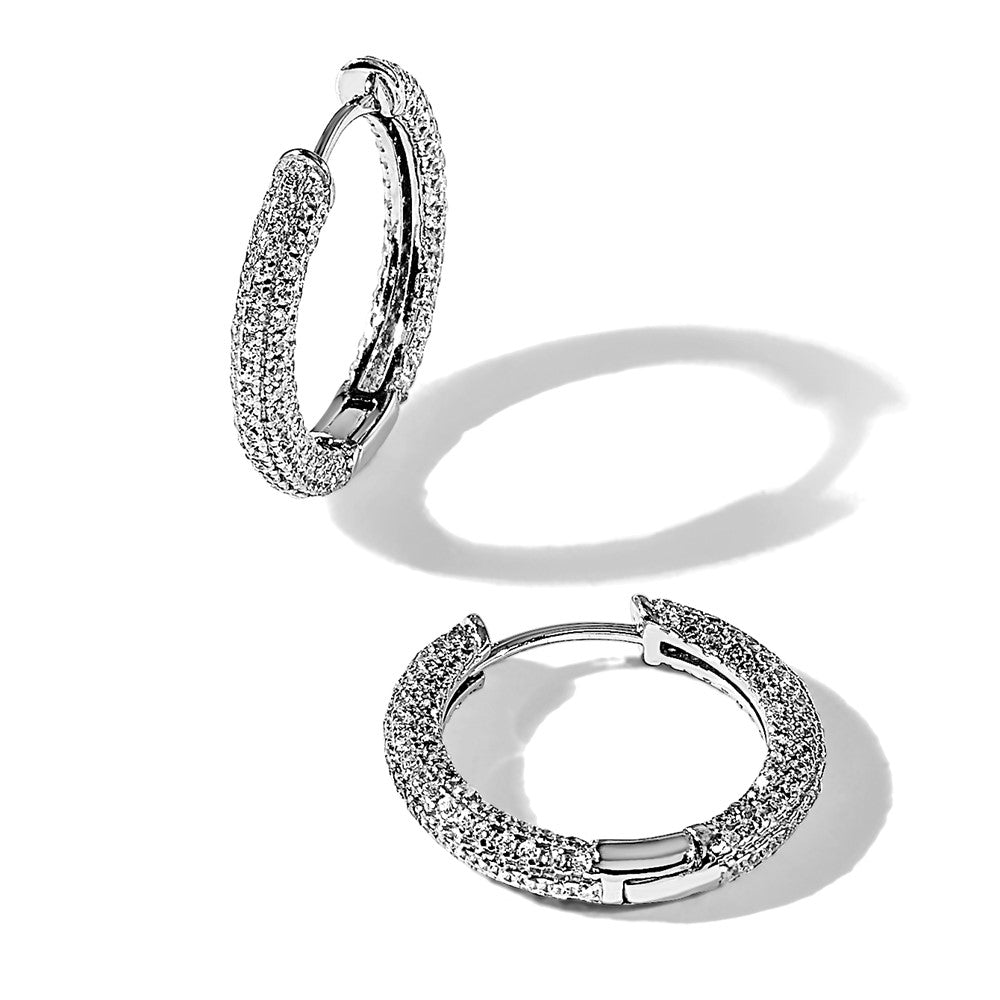 Sterling Silver Rhodium-plated Micro Pav CZ 3mm Hinged Hoop Earrings