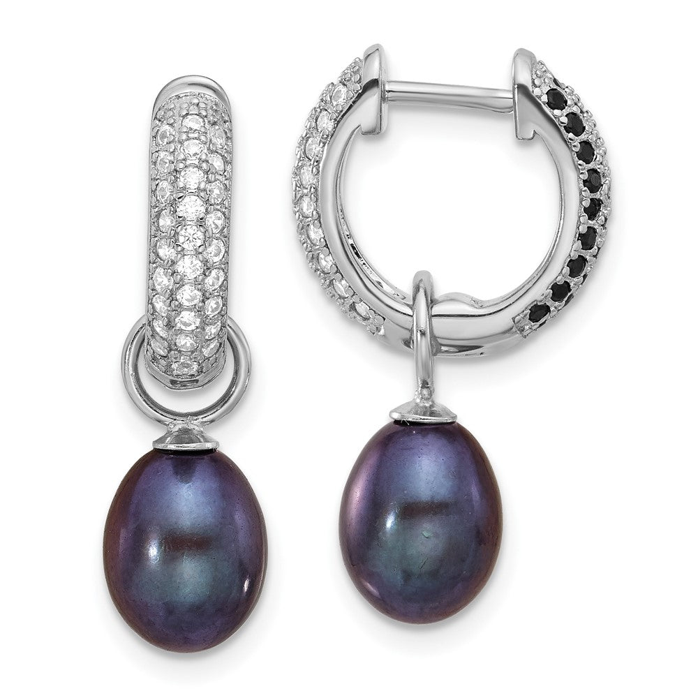 Sterling Silver Rhodium-plated 7-8mm Black and White Rice Freshwater Cultured Pearl and CZ Interchangeable Post Earrings Set