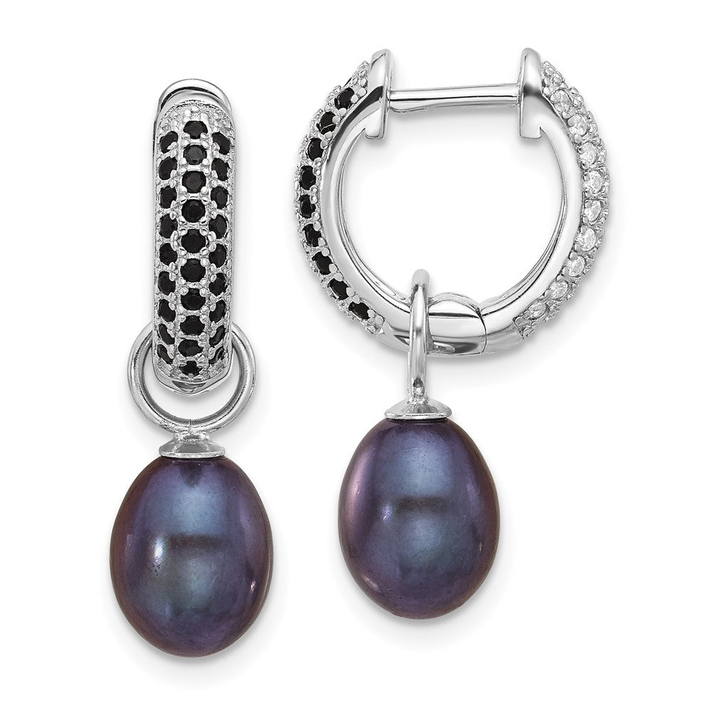 Sterling Silver Rhodium-plated 7-8mm Black and White Rice Freshwater Cultured Pearl and CZ Interchangeable Post Earrings Set