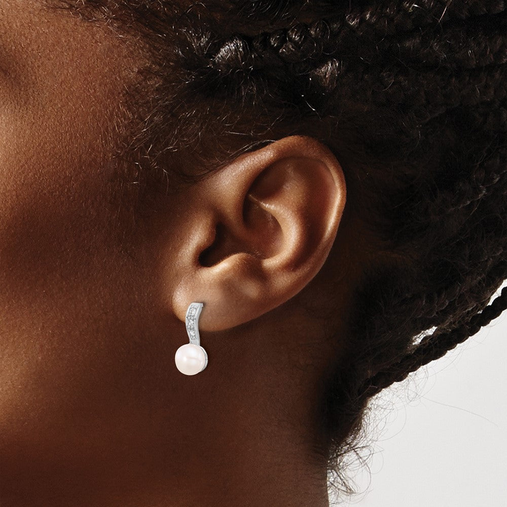 Sterling Silver Rhodium-plated 8-8.5mm White Button Freshwater Cultured Pearl and CZ Post Dangle Earrings