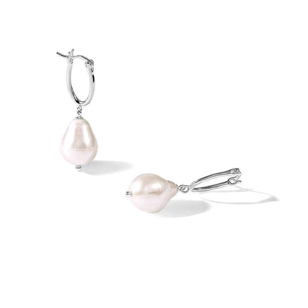 Sterling Silver Polished Teardrop FWC Pearl Dangle Oval Hoop Earrings