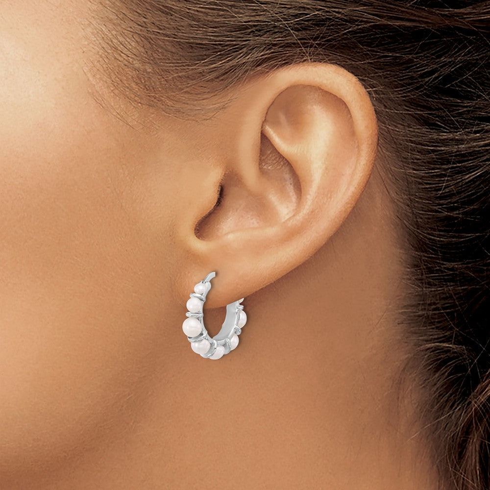 Sterling Silver Rhodium-plated 2-5mm White Button Freshwater Cultured Pearl Round Hoop Earrings