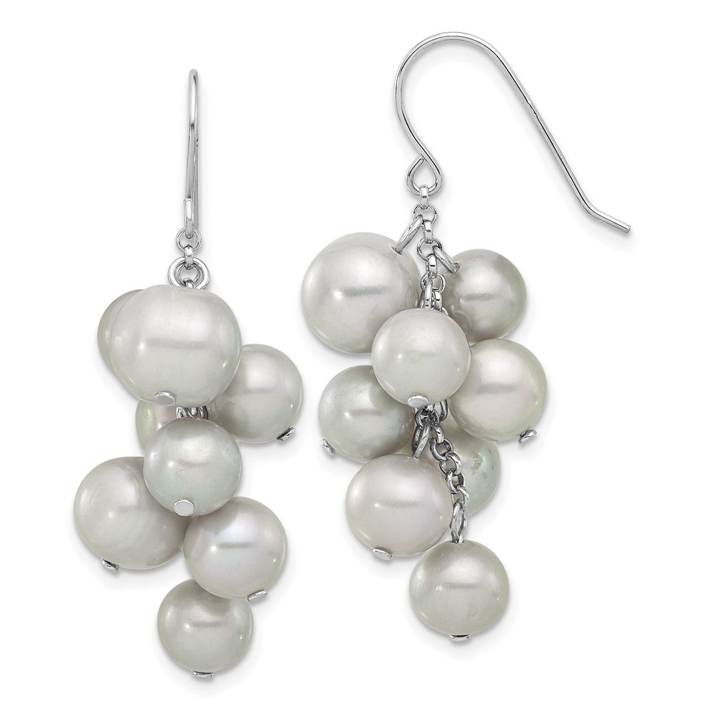 Sterling Silver Rhodium-plated 6-10mm Grey Near-Round Freshwater Cultured Pearl Dangle Earrings