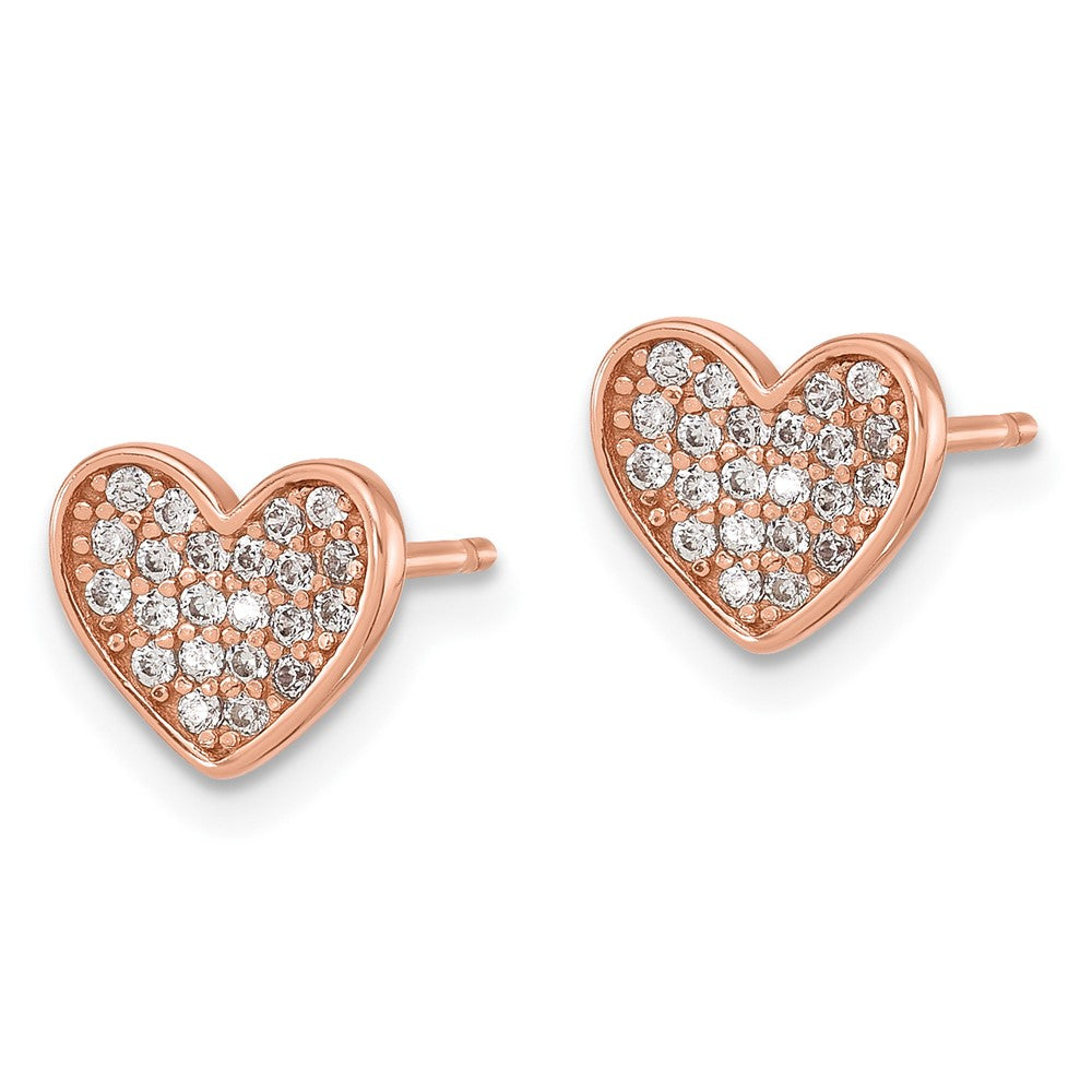 Sterling Silver Rose-tone Pav CZ Heart Post Earrings