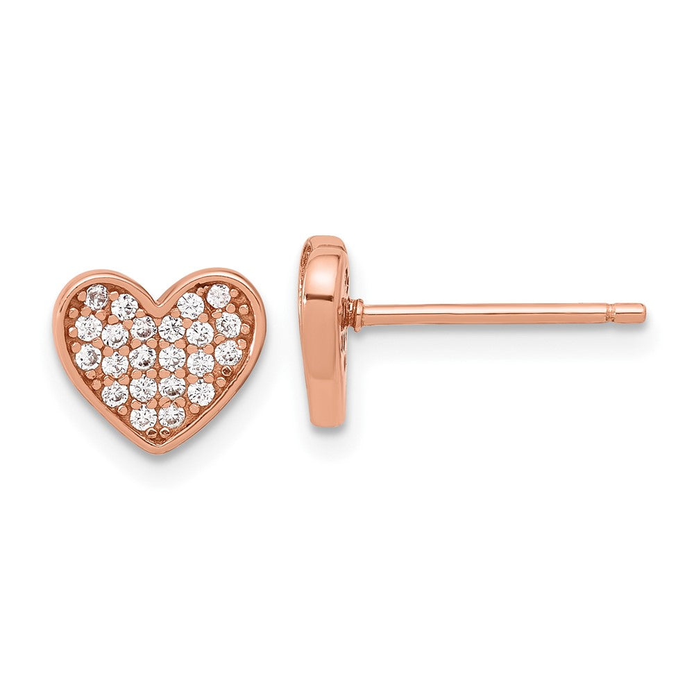 Sterling Silver Rose-tone Pav CZ Heart Post Earrings
