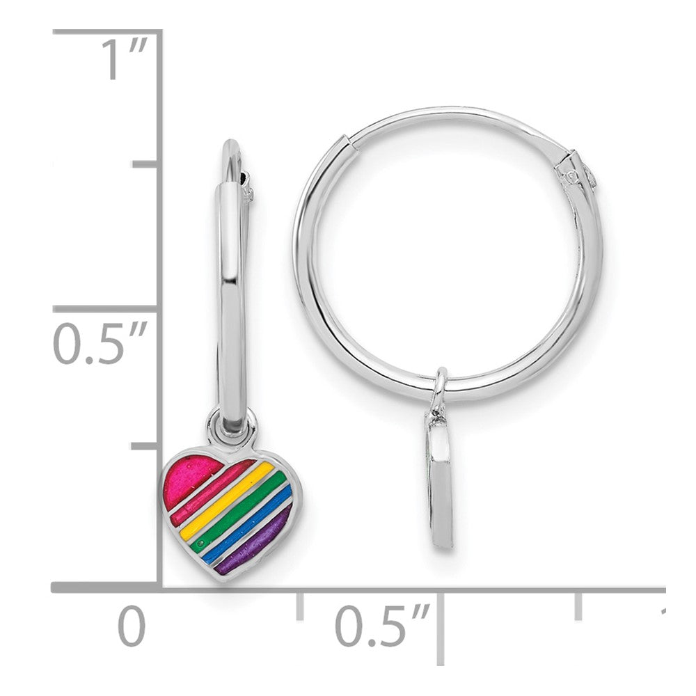 Sterling Silver Rh-plt Enamel Rainbow Heart Dangle Eternity Hoop Earrings