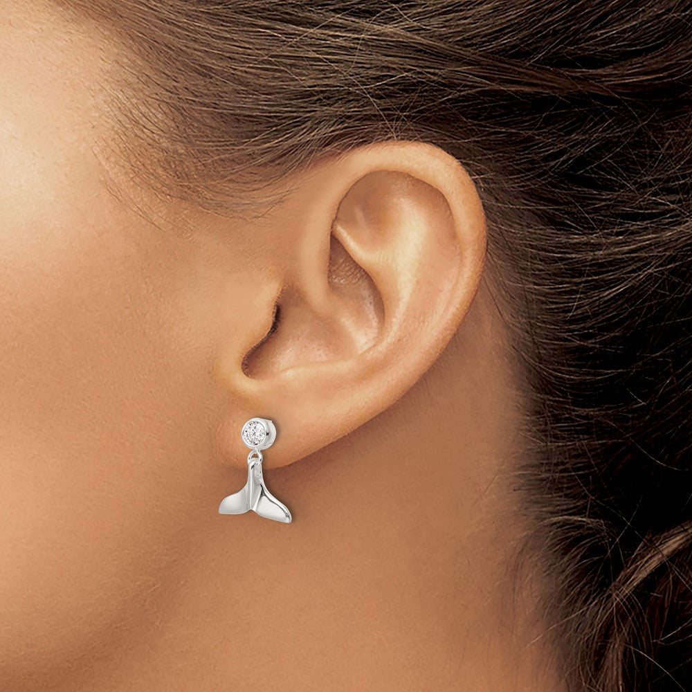 Sterling Silver Polished CZ Whale Tail Post Dangle Earrings
