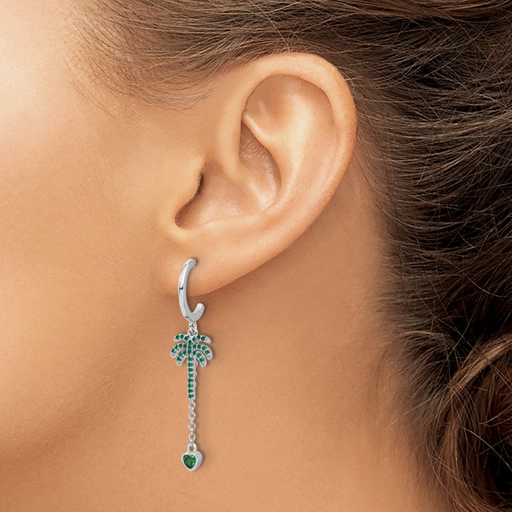 Pure Fire  Sterling Silver Rhod-plated Green CZ Palm Tree Heart Post Hoop E