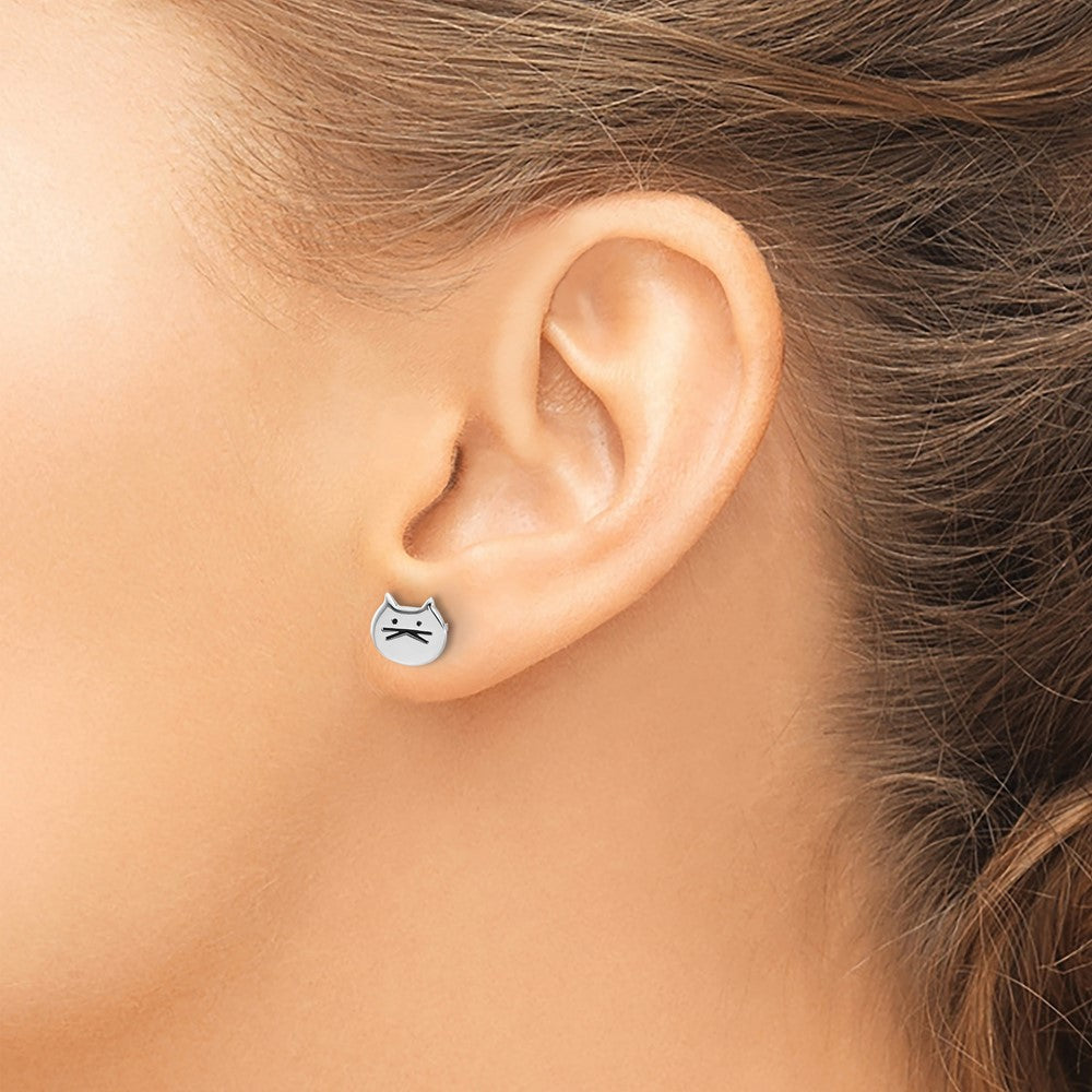 Sterling Silver Rhodium-plated Madi K Enamel Cat Face Post Earrings