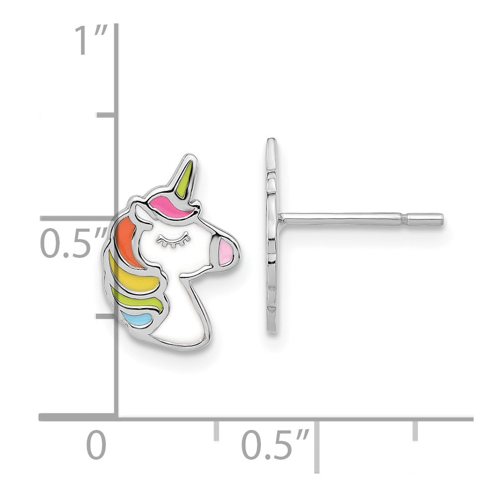 Sterling Silver Rhodium-plated Polished Enameled Unicorn Post Earrings