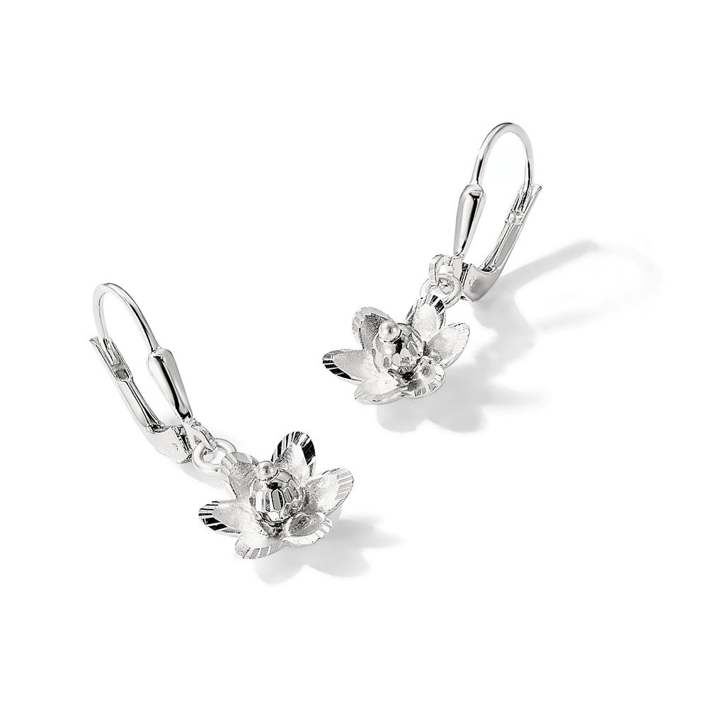 Sterling Silver Satin Polished and D/C Floral Leverback Earrings
