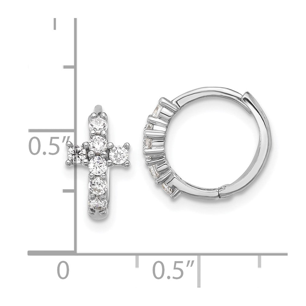 Sterling Silver RH-plated Polished CZ Cross Hinged Round Hoop Earrings
