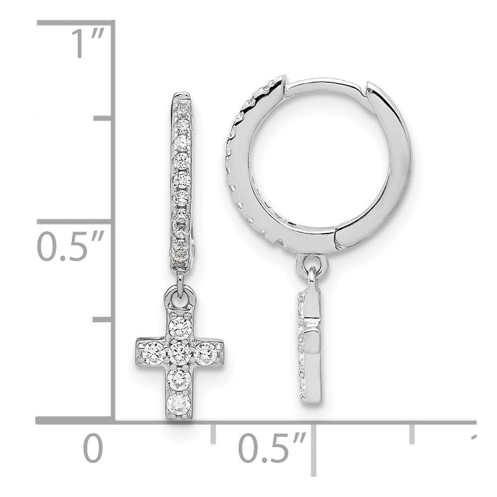 Sterling Silver RH-plated Polished CZ Cross Dangle Round Hoop Earrings