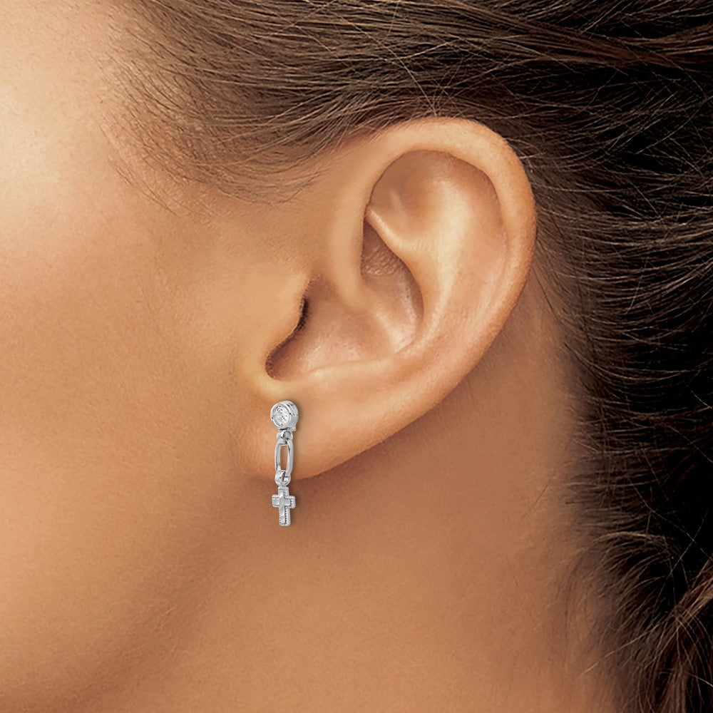 Sterling Silver RH-plated Polished & Textured CZ Cross Post Dangle Earrings