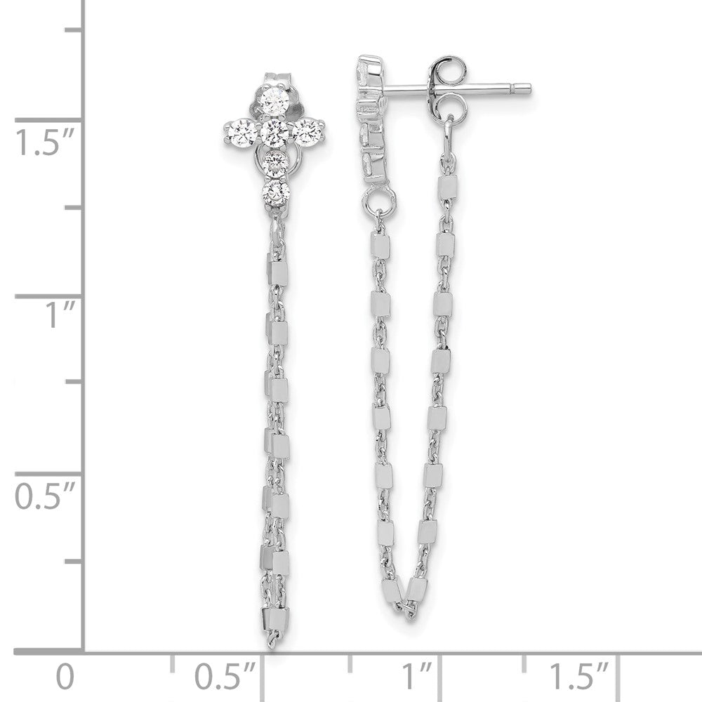 Sterling Silver RH-pltd CZ Cross w/Chain Front & Back Post Dangle Earrings