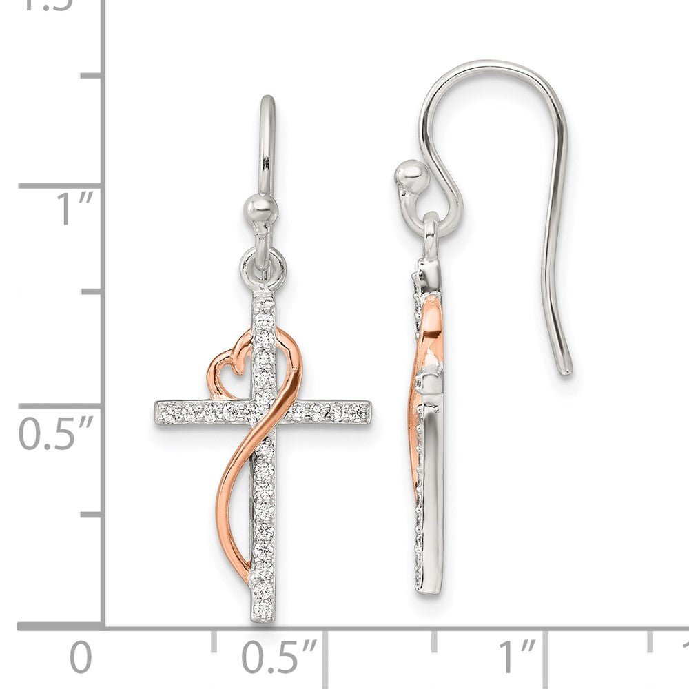 Sterling Silver & Rose-tone Polished CZ Heart Cross Dangle Earrings