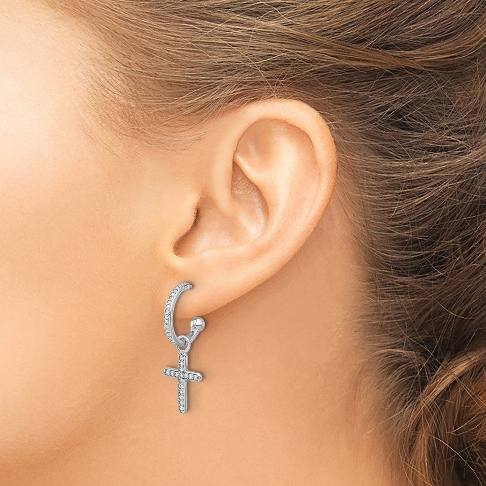 Sterling Silver Polished CZ Dangle Cross Post C-Hoop Earrings