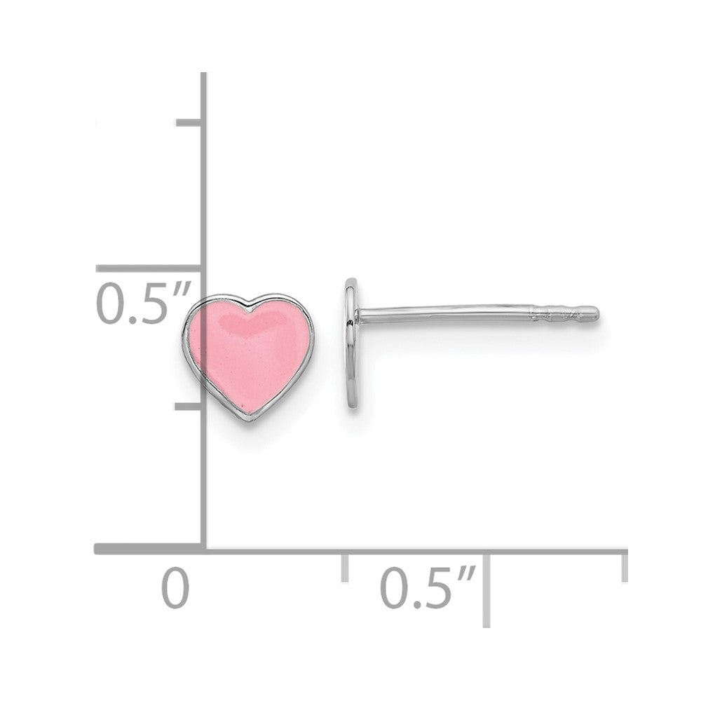 Sterling Silver Rhodium-plated Pink Enamel Heart Children's Post Earrings