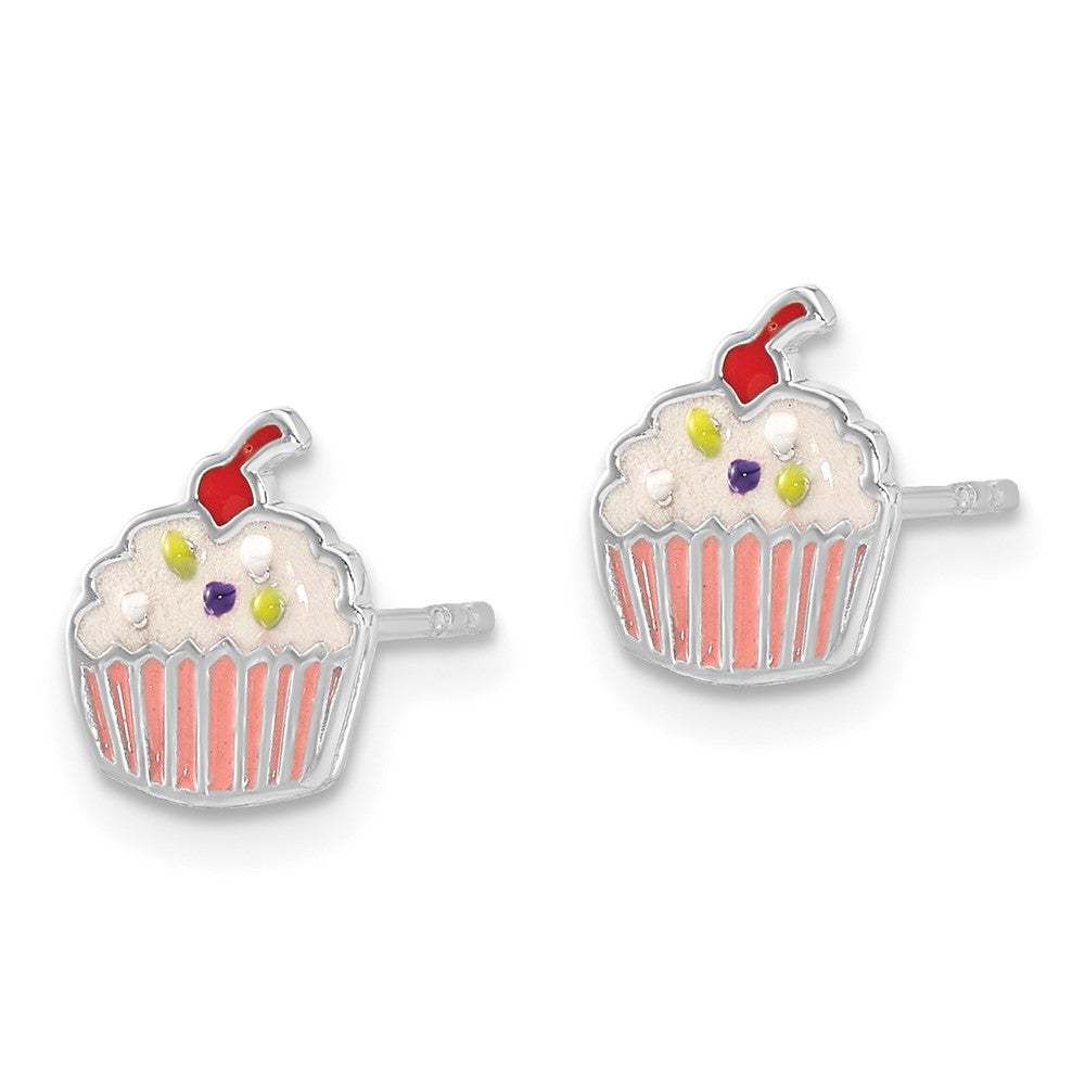 Sterling Silver Rhodium-plated Polished Multi-color Enamel Cupcake Children's Post Earrings