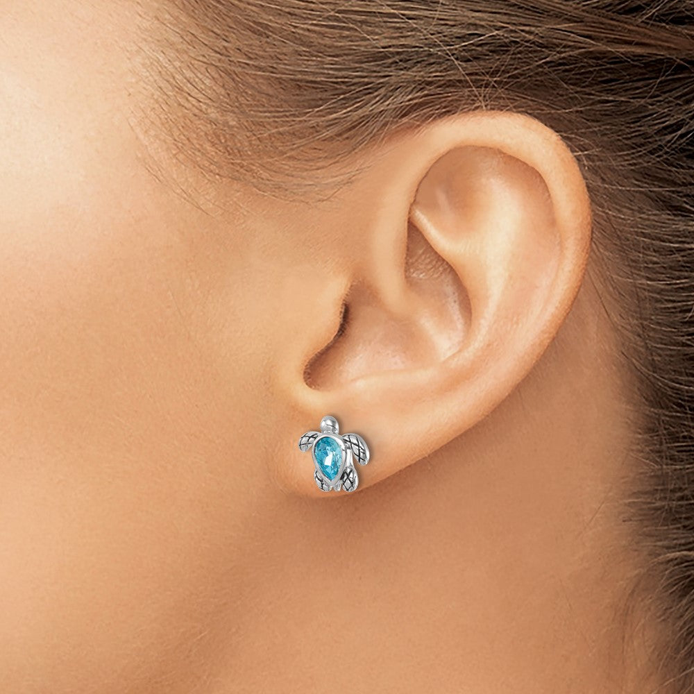 Sterling Silver Rhodium-plated Polished and Antiqued Blue Crystal March Turtle Post Earrings