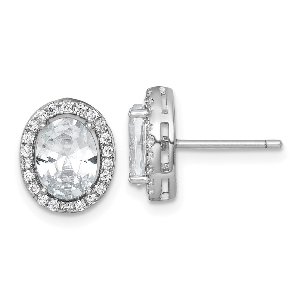 Sterling Silver Rhodium-plated Polished 11.0 x 9.0mm Oval CZ Halo Post Earrings