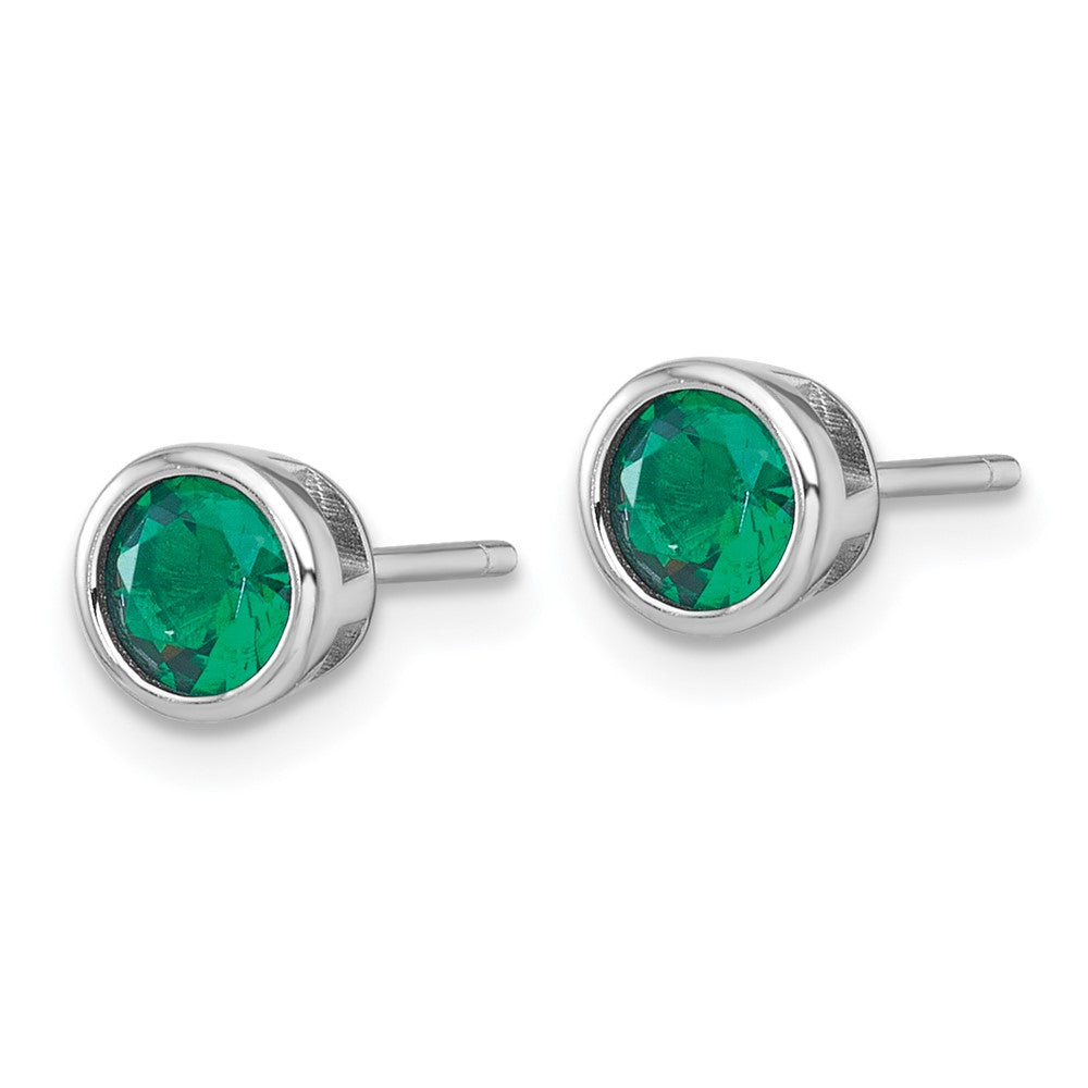 Sterling Silver Rhodium-plated Polished Bezel Set 6.2mm Round Green CZ Stud Earrings