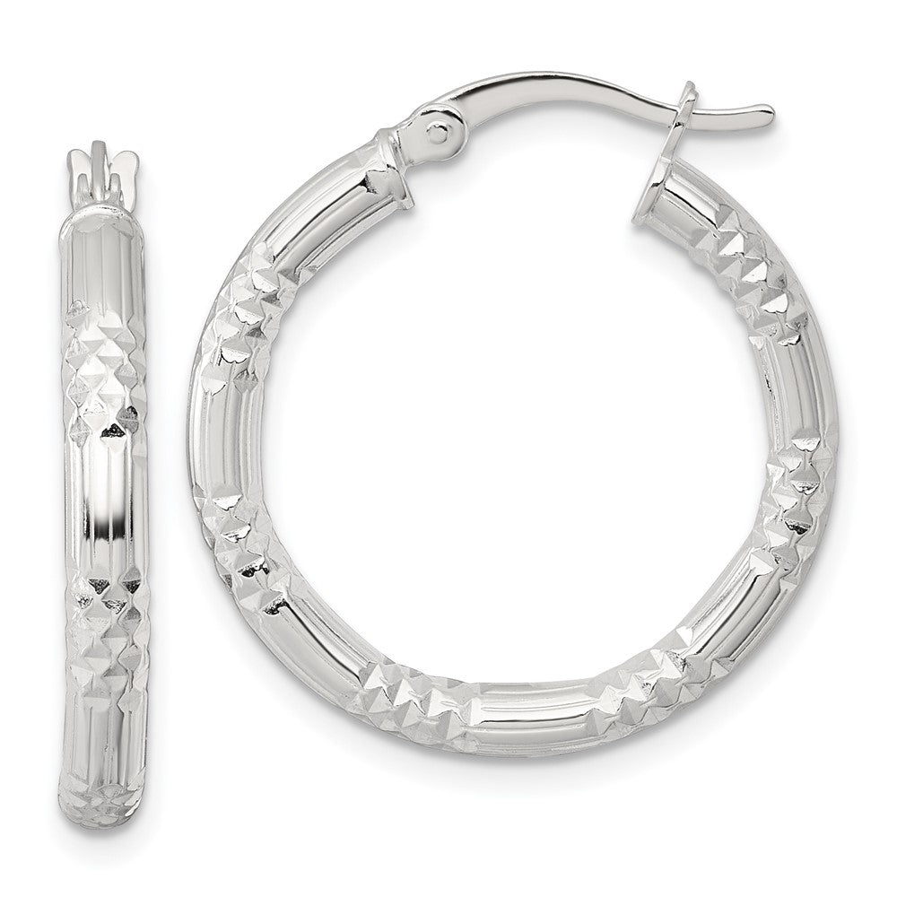 Sterling Silver Polished Diamond-cut Textured 25x3.25mm Round Hoop Earrings