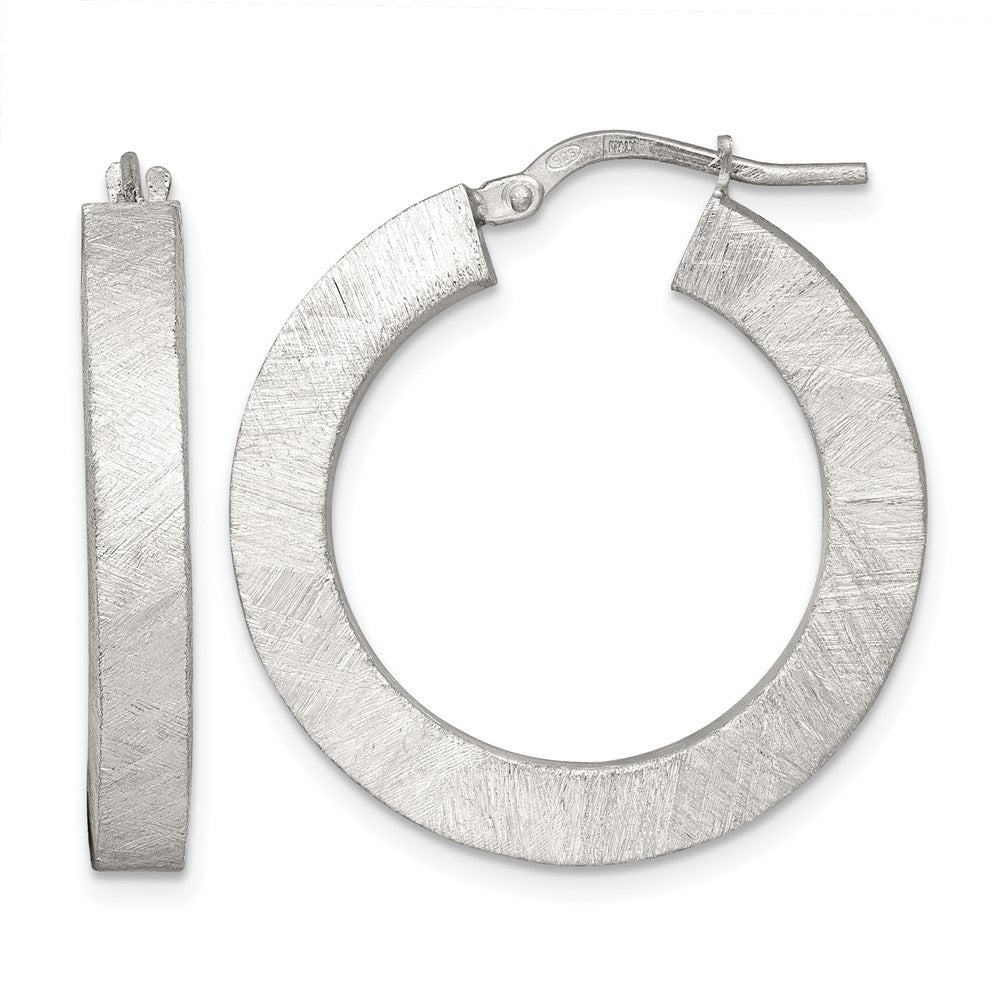 Sterling Silver Brushed Textured 4.25mm x 28mm Square Tube Hoop Earrings