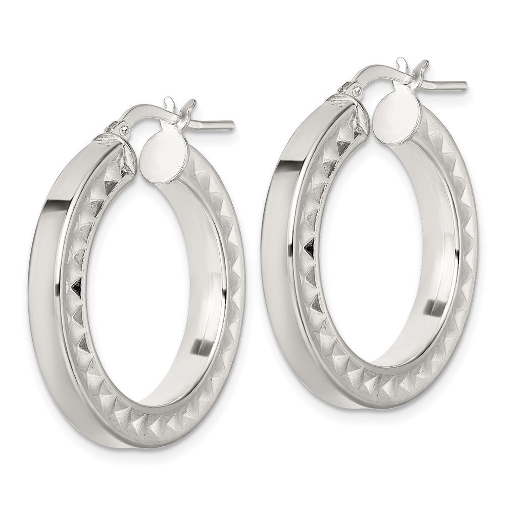 Sterling Silver Polished and Textured 4.00 x 29mm Hoop Earrings