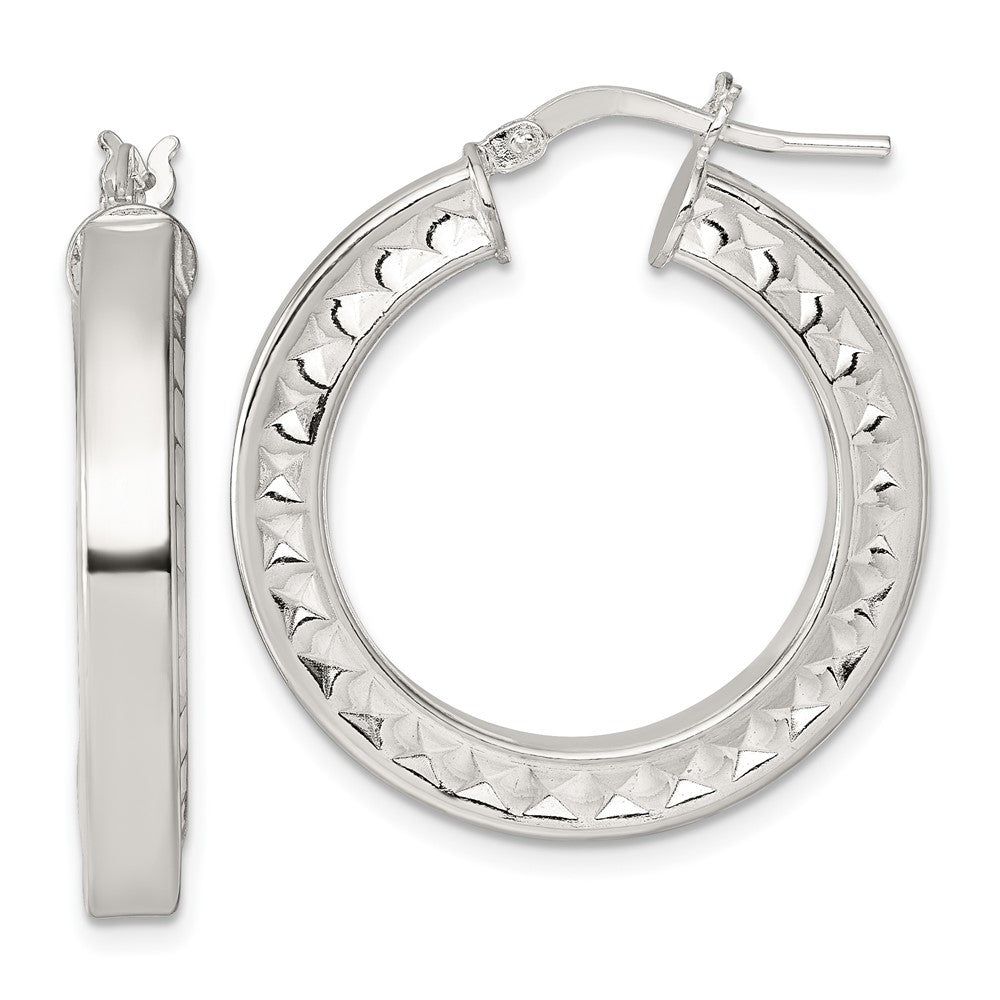 Sterling Silver Polished and Textured 4.00 x 29mm Hoop Earrings