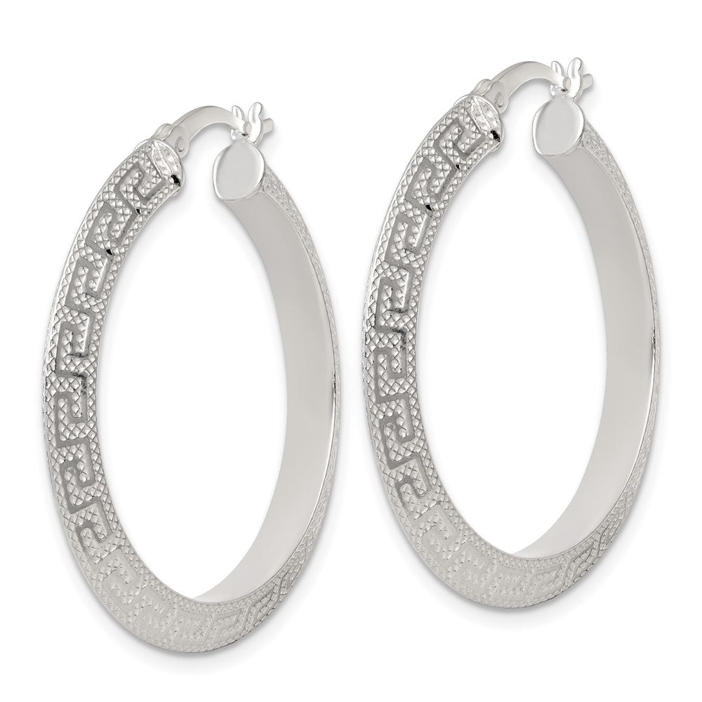 Sterling Silver Textured 35x4.0mm Knife Edge Greek Key Round Hoop Earrings