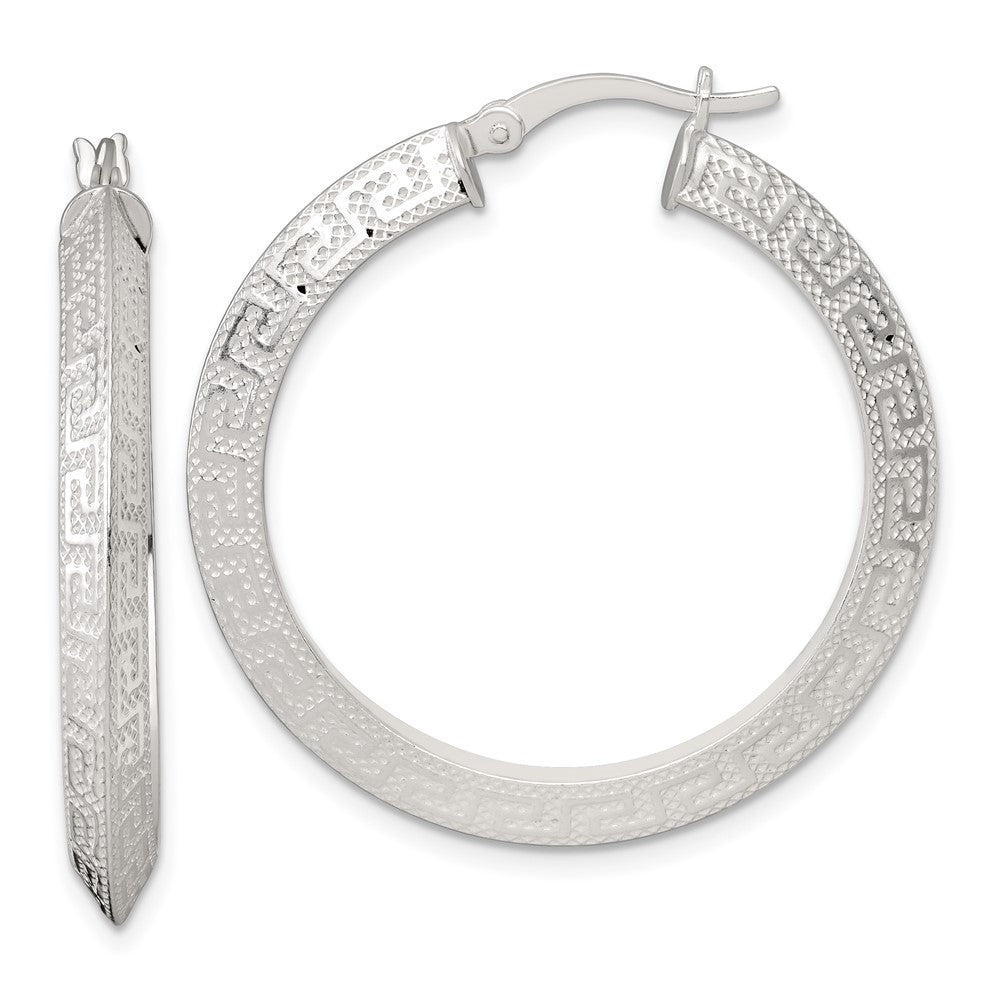 Sterling Silver Textured 35x4.0mm Knife Edge Greek Key Round Hoop Earrings