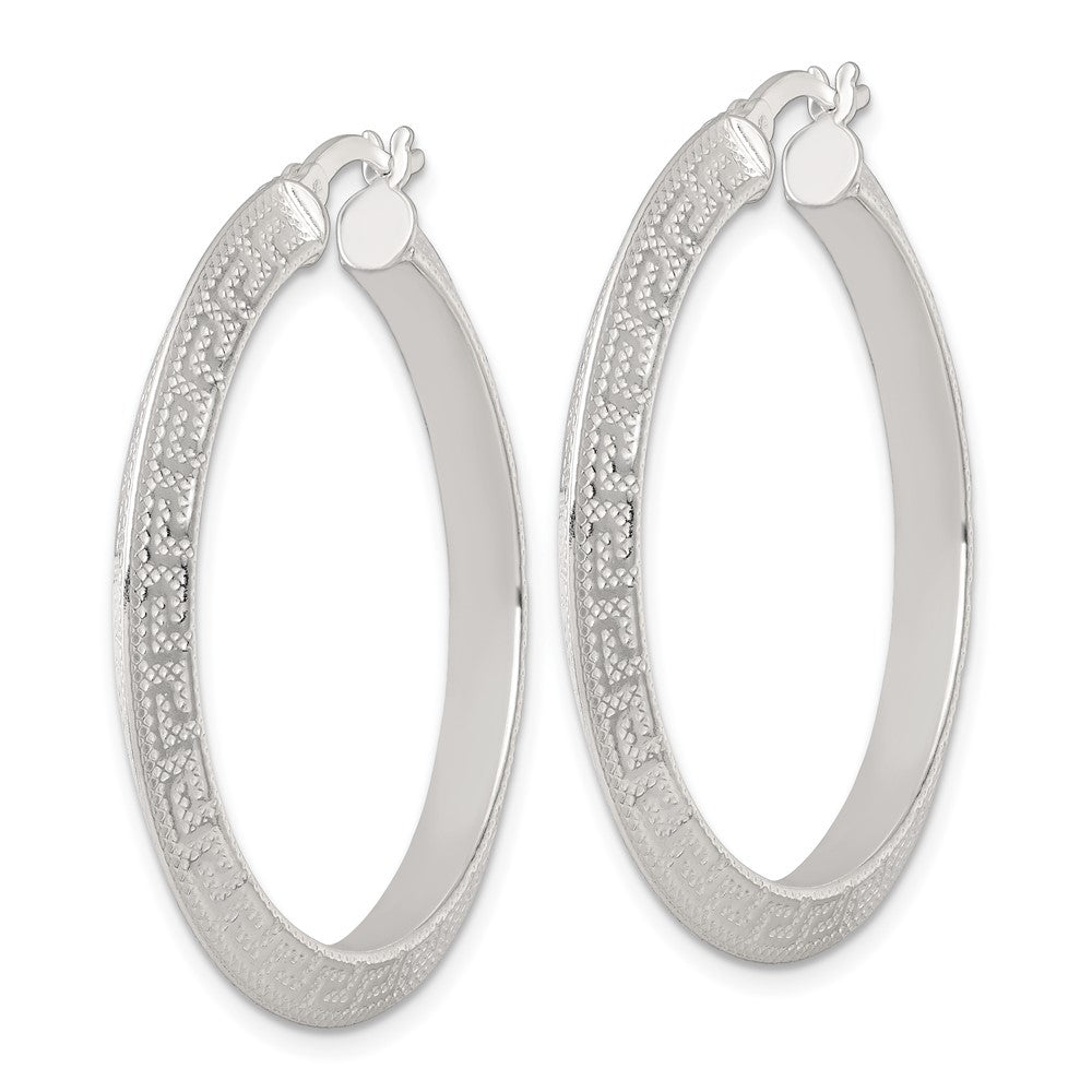 Sterling Silver Textured 40x4.0mm Knife Edge Greek Key Round Hoop Earrings