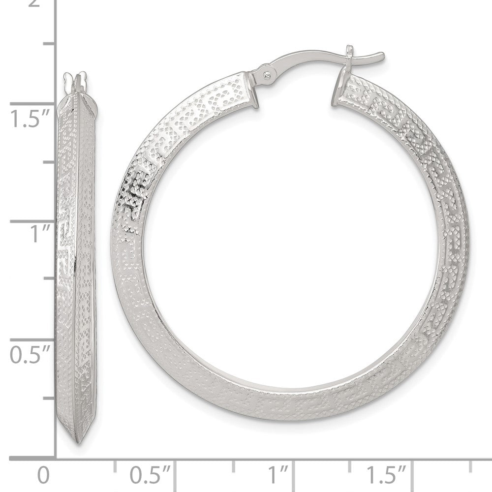 Sterling Silver Textured 40x4.0mm Knife Edge Greek Key Round Hoop Earrings