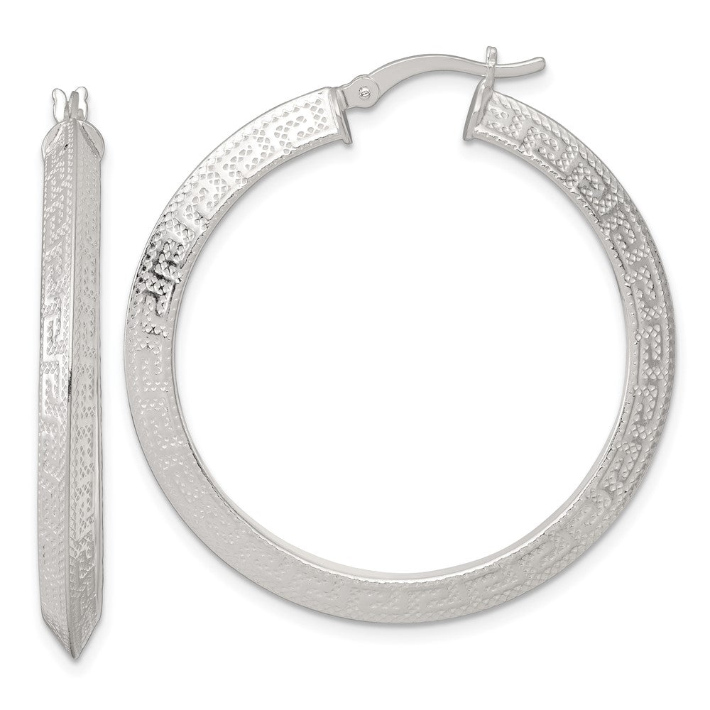 Sterling Silver Textured 40x4.0mm Knife Edge Greek Key Round Hoop Earrings